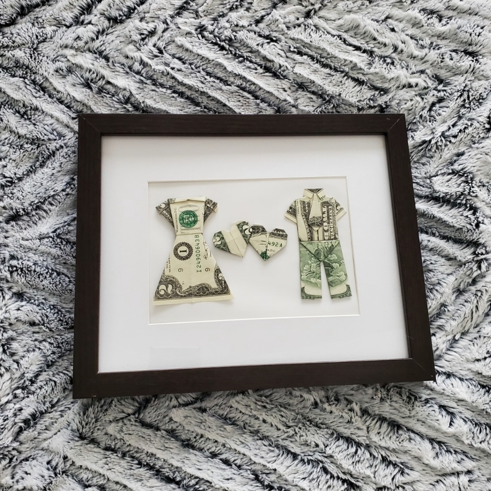 Framed $2 dollar bill origami couple